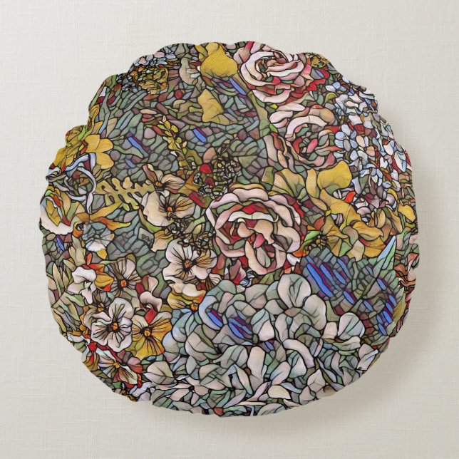 Stained Glass Botanical Floral Round Pillow (Front)