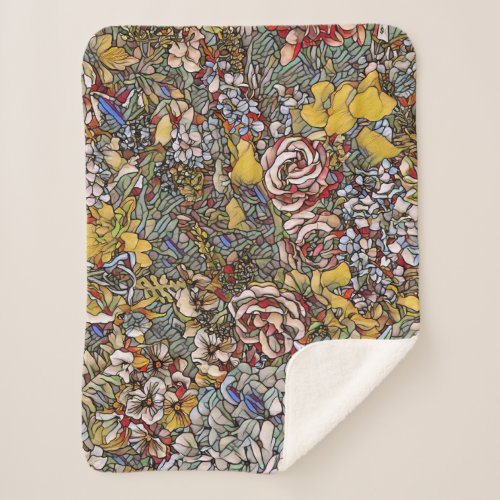 Stained Glass Botanical Floral Sherpa Blanket