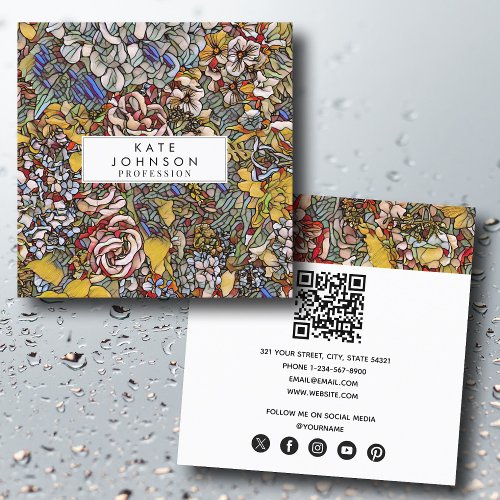 Stained Glass Botanical Floral Square Business Card
