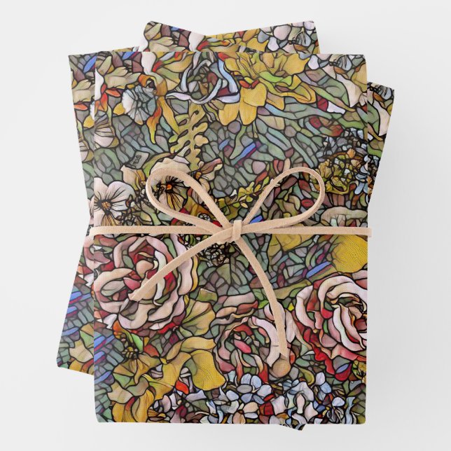 Stained Glass Botanical Floral Wrapping Paper Sheets (In situ)