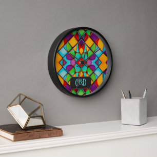 Stained Glass - Bright Colorful Tiles - Monogram Clock