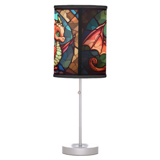 Stained Glass Bronze Green Gold Baby Dragon Table Lamp (Front)
