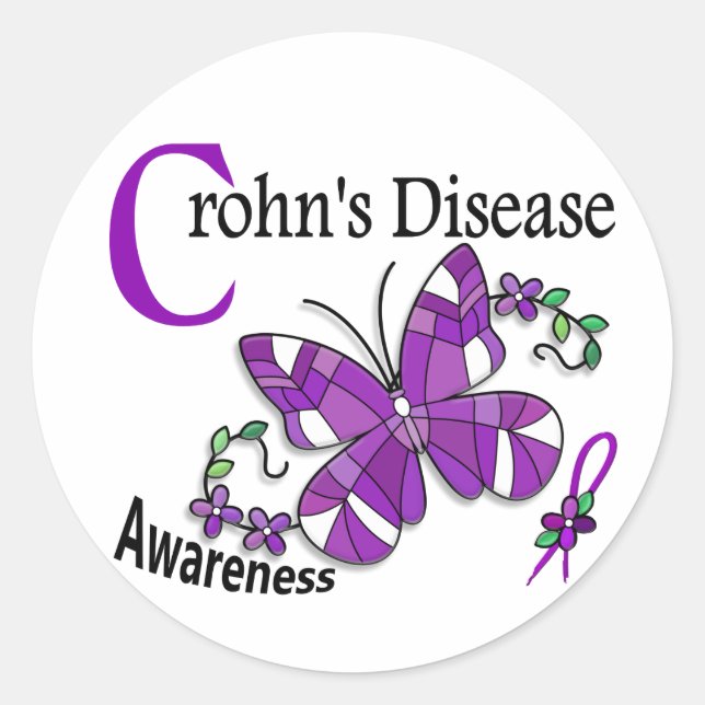 Stained Glass Butterfly 2 Crohn's Disease Classic Round Sticker (Front)