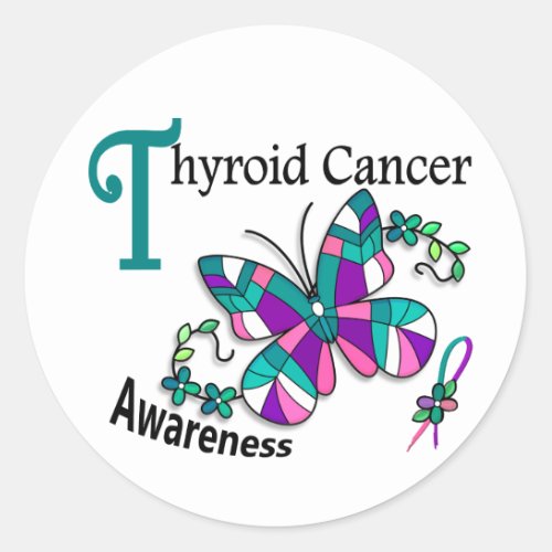 Stained Glass Butterfly 2 Thyroid Cancer Classic Round Sticker