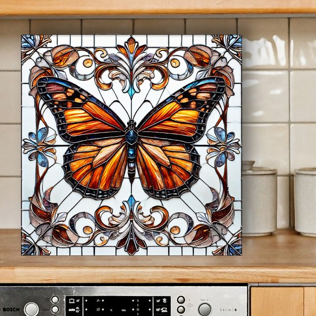 Stained Glass Butterfly Ceramic Tile (Tile featuring a stained glass or leaded glass style design with a colorful butterfly)