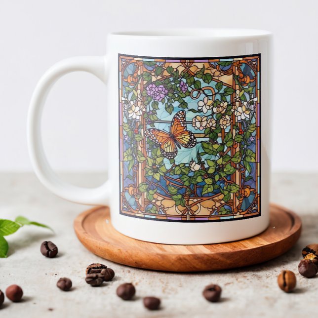 Stained Glass Butterfly Giant Coffee Mug (Enjoy your morning coffee in this elegant stained glass butterfly mug.)