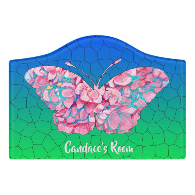 Stained Glass Butterfly Gradient Personalized Text Door Sign (Small Crest Front)