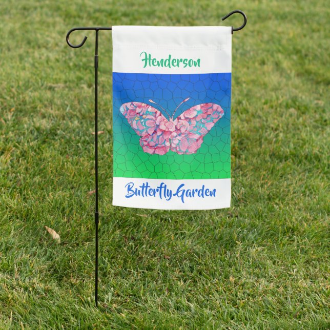 Stained Glass Butterfly Gradient Personalized Text Garden Flag (In SItu)