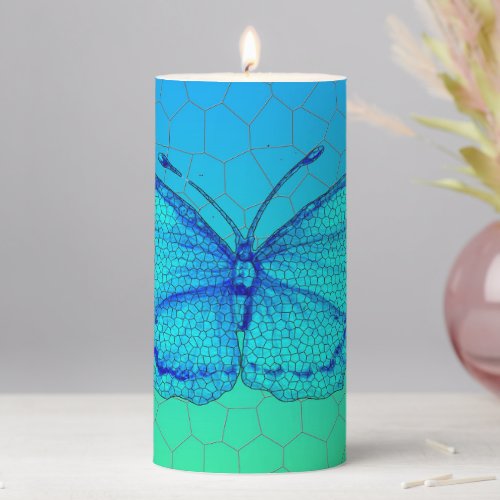 Stained Glass Butterfly on Mosaic Gradient     Pillar Candle