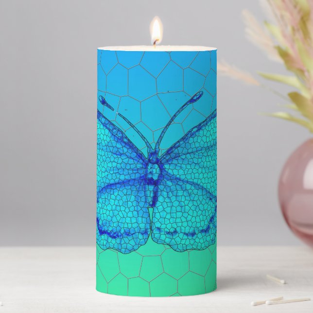 Stained Glass Butterfly on Mosaic Gradient     Pillar Candle (In Situ)