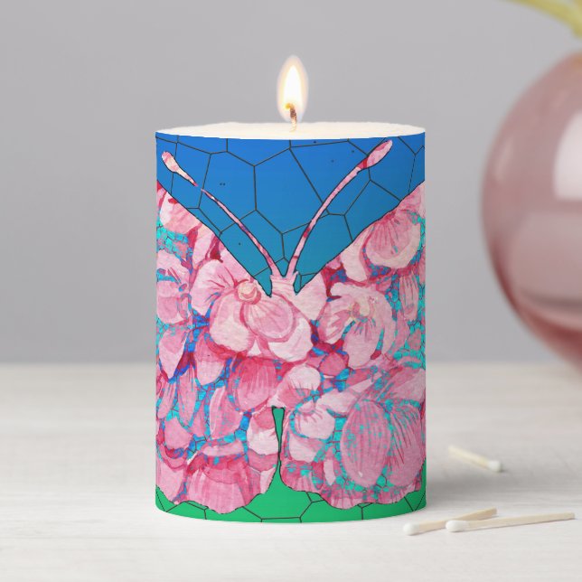 Stained Glass Butterfly on Mosaic Gradient    Pillar Candle (In Situ)
