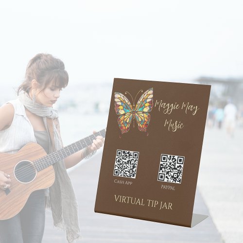 Stained Glass Butterfly QR Code Virtual Tip Jar Pedestal Sign