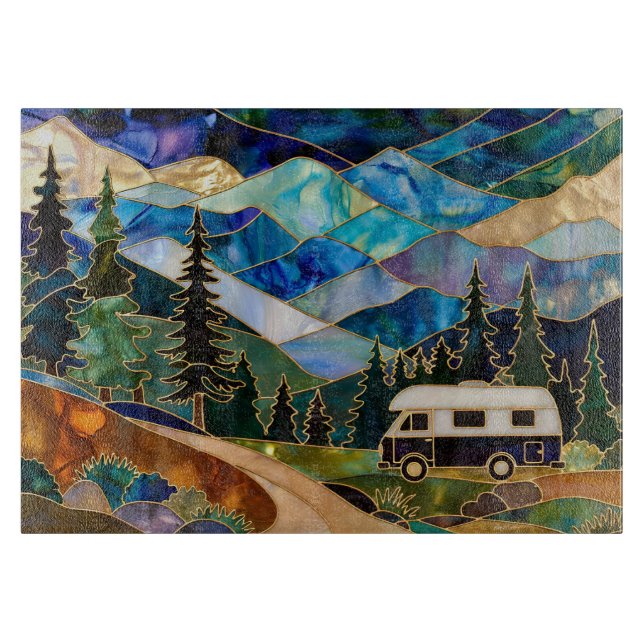 Stained Glass Camper Mountain Landscape Cutting Board (Front)