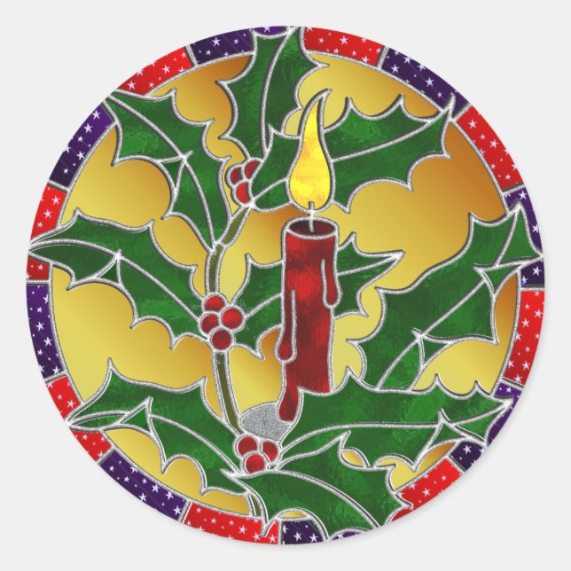 Stained glass candle and holly classic round sticker (Front)