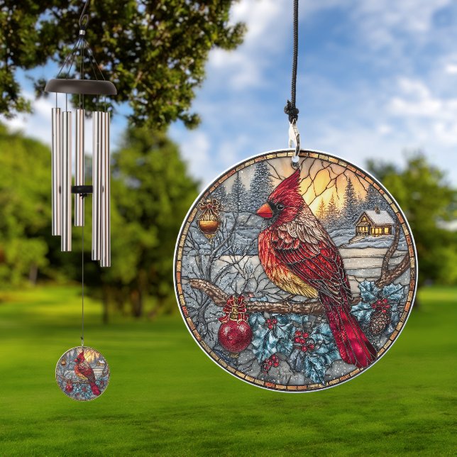 Stained Glass Cardinal Christmas Magic  Wind Chime (Outdoor)