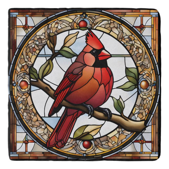 Stained Glass Cardinal Red Bird Kitchen Gift Ideas Trivet (Front)