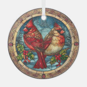 Stained Glass Cardinals on Holly Branch Glass Ornament