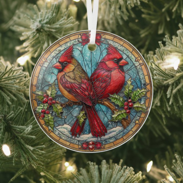 Stained Glass Cardinals on Holly Branch  Ornament (Insitu)