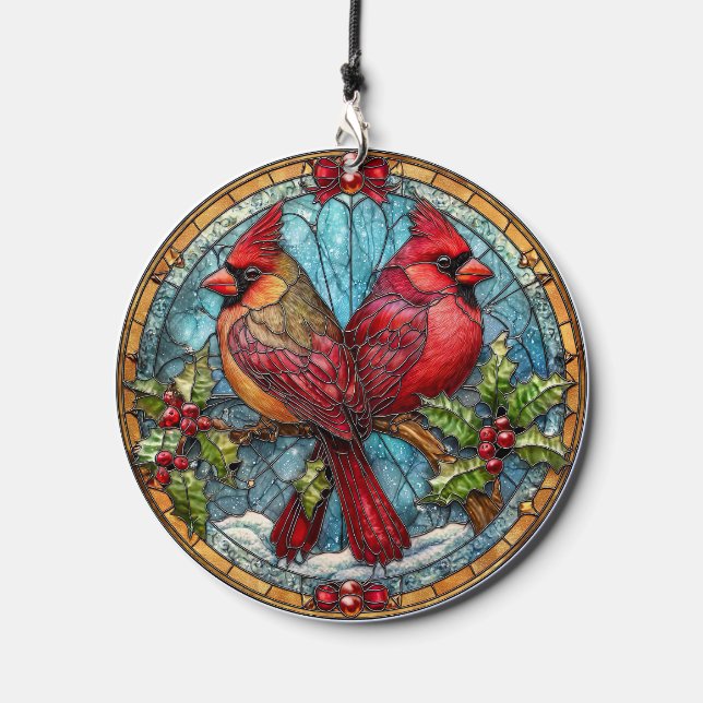 Stained Glass Cardinals on Holly Branch  Wind Chime (Front)