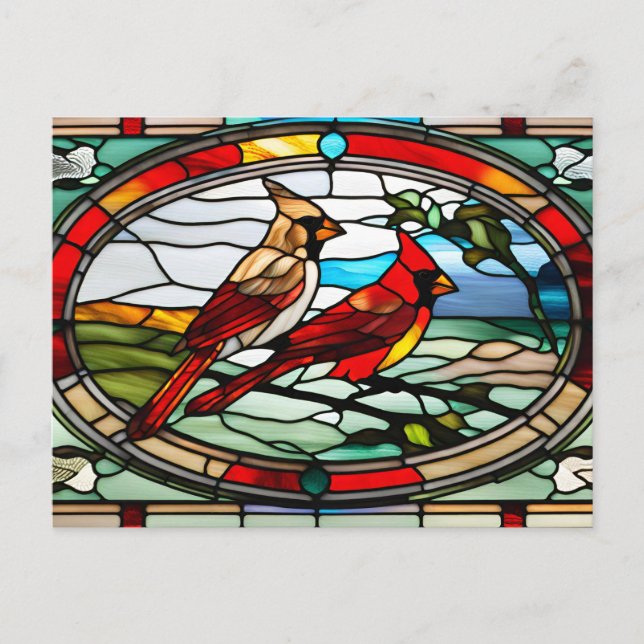 Stained Glass Cardinals on Tree Branch  Holiday Postcard (Front)
