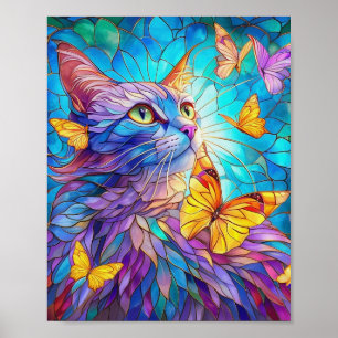 Stained Glass Cat 730 blue yellow butterflies Poster