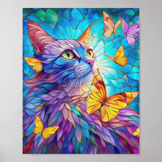 Stained Glass Cat 730 blue yellow butterflies Poster (Front)