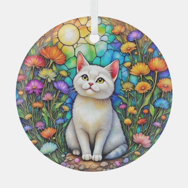 Stained-Glass Cat and Wildflowers Glass Ornament (Front)