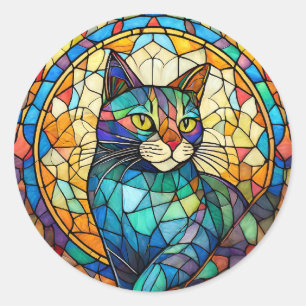 Stained Glass Cat Classic Round Sticker