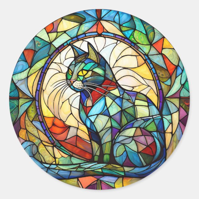 Stained Glass Cat Classic Round Sticker (Front)