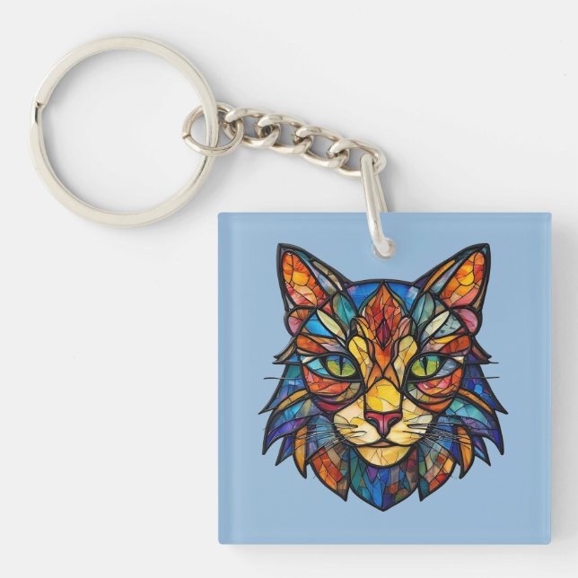 Stained Glass Cat Detailed Face Keychain (Front)