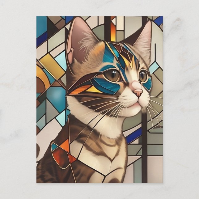 Stained Glass Cat Illustration Postcard (Front)
