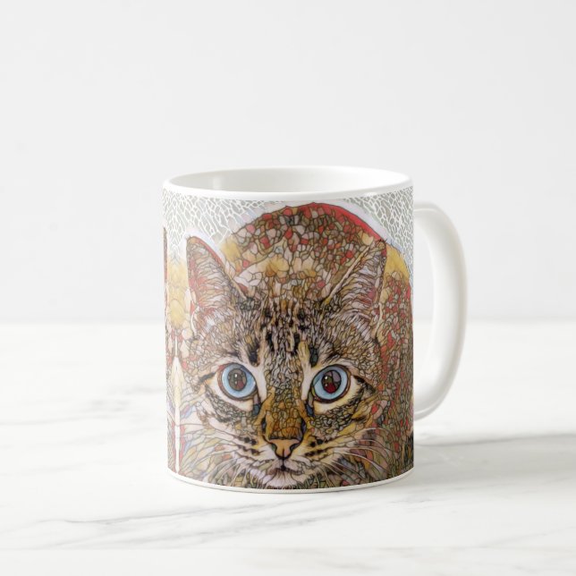 stained glass cat staring blue eyes  coffee mug (Front Right)