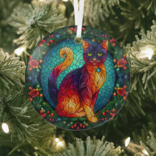 Stained Glass Cat with Christmas Holly Glass Ornament