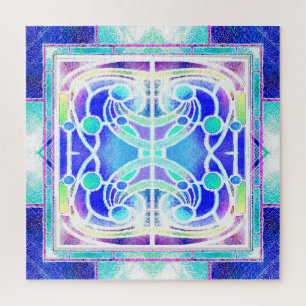 Stained Glass Cathedral Window in Blue and Green Jigsaw Puzzle