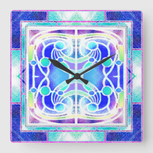  Stained Glass Cathedral Window in Blue and Green Square Wall Clock