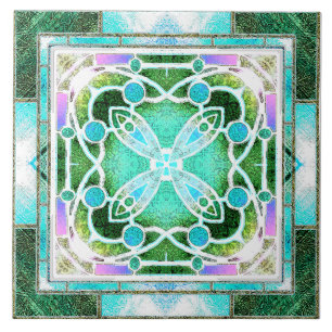 Stained Glass Cathedral Window in Green and Mint Ceramic Tile