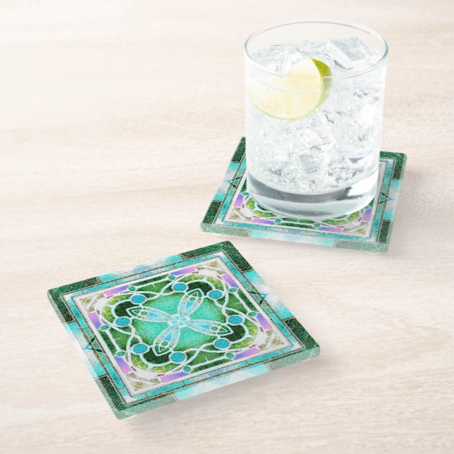  Stained Glass Cathedral Window in Green and Mint Coaster (Angled)
