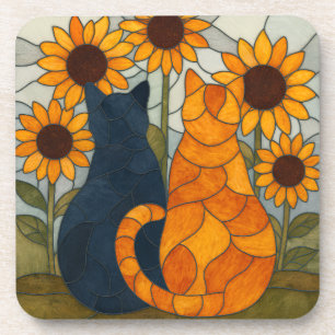 Stained Glass Cats and Sunflowers Art Design Beverage Coaster