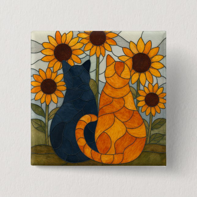 Stained Glass Cats and Sunflowers Art Design Button (Front)