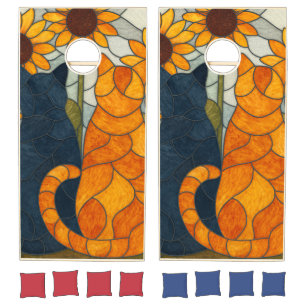 Stained Glass Cats and Sunflowers Art Design Cornhole Set