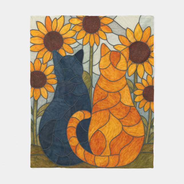Stained Glass Cats and Sunflowers Art Design Fleece Blanket (Front)