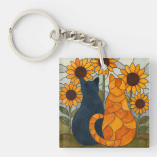 Stained Glass Cats and Sunflowers Art Design Keychain