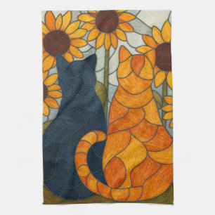 Stained Glass Cats and Sunflowers Art Design Kitchen Towel