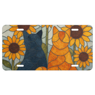 Stained Glass Cats and Sunflowers Art Design License Plate