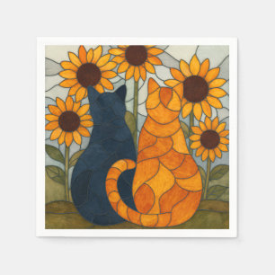 Stained Glass Cats and Sunflowers Art Design Napkins