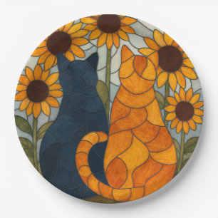 Stained Glass Cats and Sunflowers Art Design Paper Plates