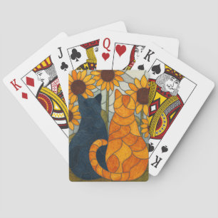Stained Glass Cats and Sunflowers Art Design Poker Cards