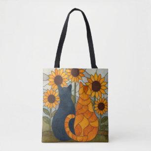 Stained Glass Cats and Sunflowers Art Design Tote Bag