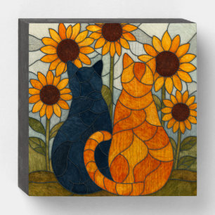 Stained Glass Cats and Sunflowers Art Design Wooden Box Sign