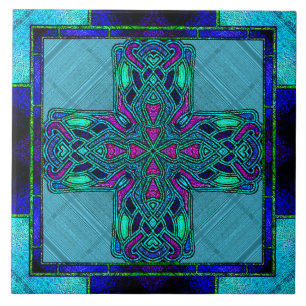 Stained Glass Celtic Cross in Blue and Aqua Ceramic Tile